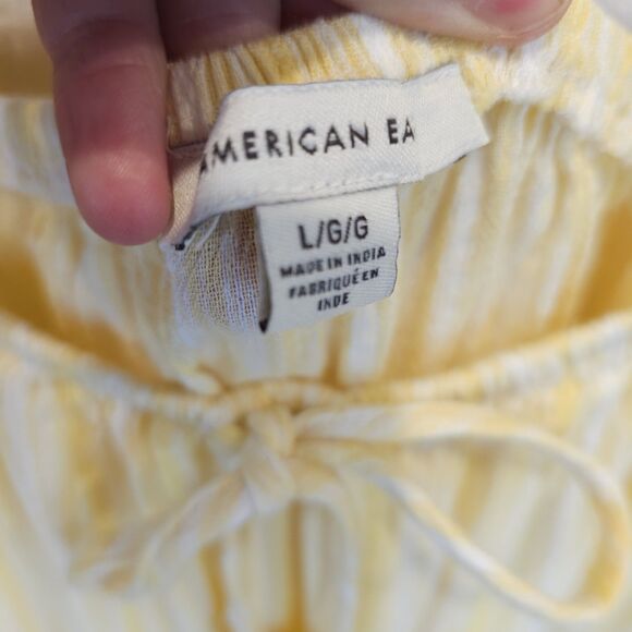 American Eagle Romper Size L Butter Yellow White Striped Off Shoulder Tassels - Picture 2 of 11